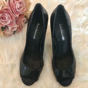 ENZO ANGIOLINI Black Sequin Open Toe Heels